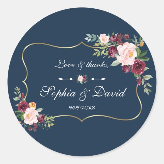 Sticker Rond GlamGold Burgundy Blush Floral Navy Blue Mariage (Devant)