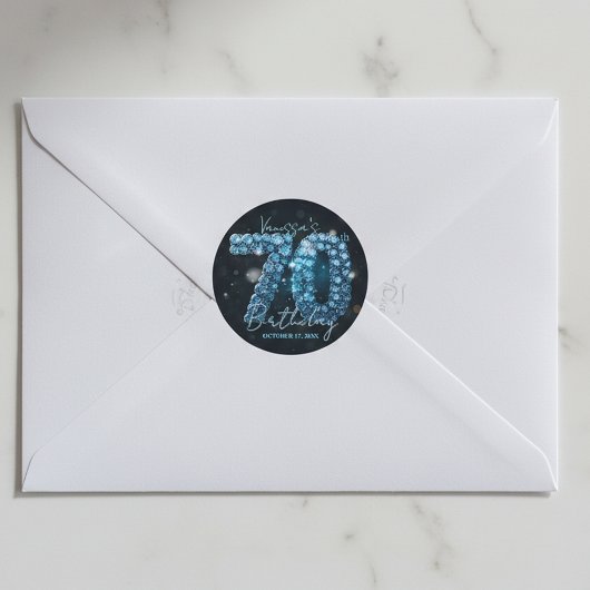 Sticker Rond Glamorous Elegant Teal Blue Diamonds 70th Birthday