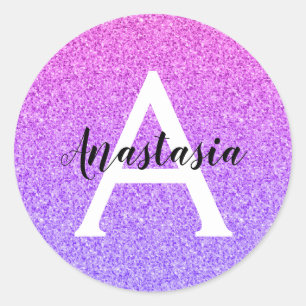 Sticker Rond Glamour Féminin Ombré Paillettes Violet Monogramme