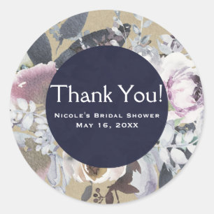 Sticker Rond Glamour Floral Rustique Kraft Navy Favor Mariage