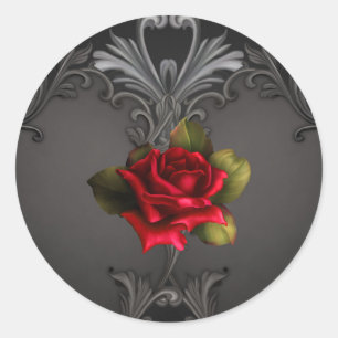 Sticker Rond Glamour gothique Rose rouge Noir ornemental Glamou