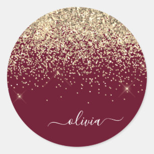Sticker Rond Glamour Monogramme Féminin Paillettes Or Bourgogne
