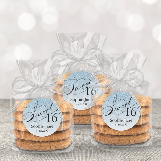 Sticker Rond Glamour Pailleté Bleu Clair Sweet 16 Personnalisé