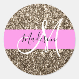 Sticker Rond Glamour Rose Champagne Or Glitter Monogramme