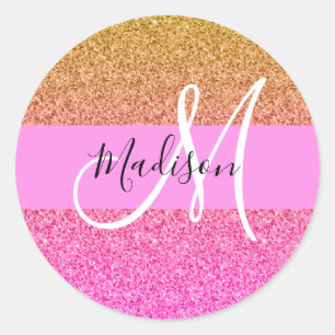 Sticker Rond Glamour Rose & Or Paillettes Brillant Dégradé Mono