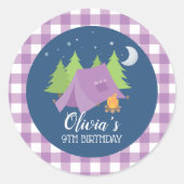 Sticker Rond Glamping Plaid violet Camping Slepover anniversair (Devant)