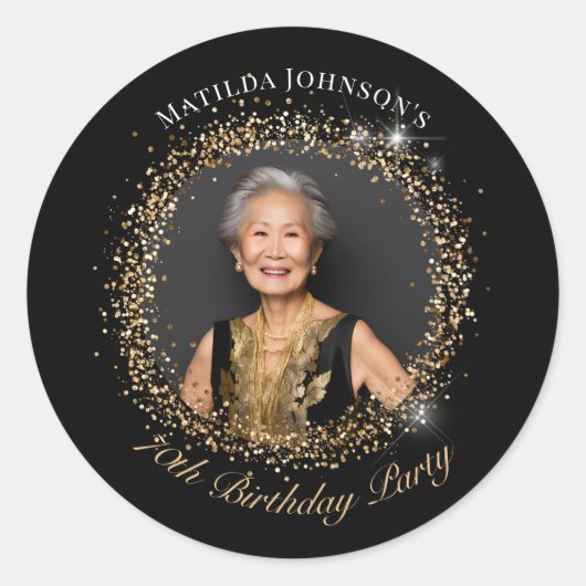 Sticker Rond Glitter Black Gold 70th Birthday Party (Devant)