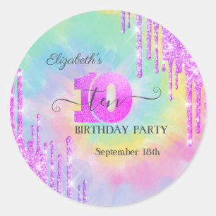 Sticker Rond Glitter Cool Drips Tie Dye 10e Anniversaire