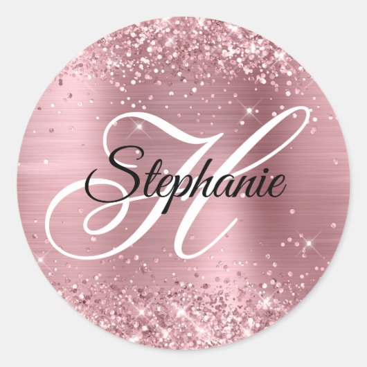 Sticker Rond Glitter Pink Foil Fancy Monogramme (Devant)
