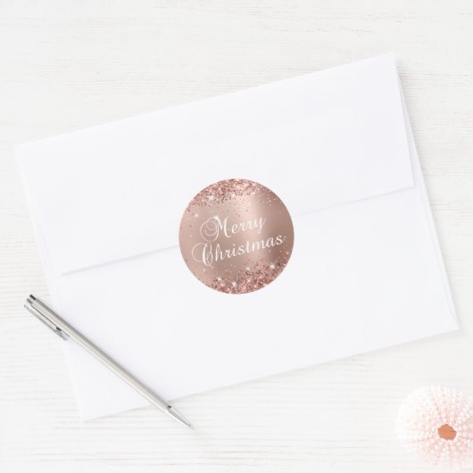 Sticker Rond Glitter Rose or glam Gradient Joyeux Noël (Enveloppe)