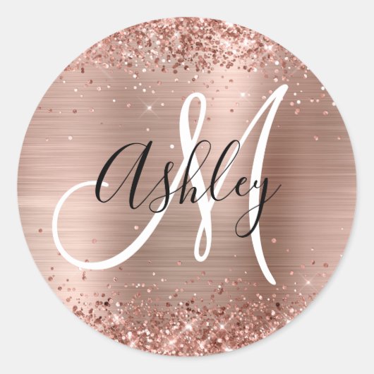 Sticker Rond Glitter Rose or huile noir et blanc Monogramme (Devant)