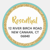 Sticker Rond Glitterie Gold et Turquoise adresse (Devant)