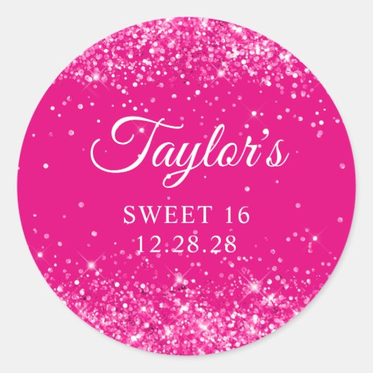 Sticker Rond Glitterie Hot Rose Sweet 16 (Devant)
