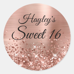 Sticker Rond Glitterie Rose Gold Faux Foil Sweet 16