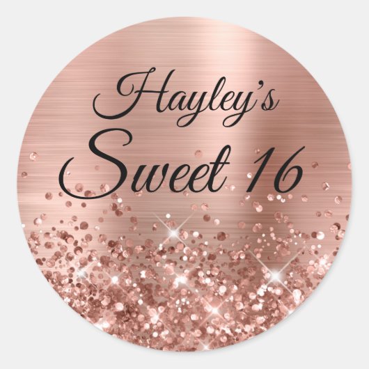 Sticker Rond Glitterie Rose Gold Faux Foil Sweet 16 (Devant)