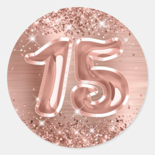 Sticker Rond Glitterie Rose Gold Foil Numéro 15 Anniversaire
