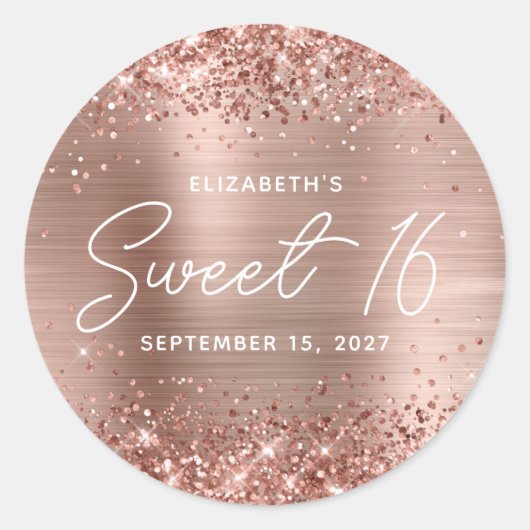 Sticker Rond Glitterie Rose Gold Glam Moderne Script Sweet 16 (Devant)