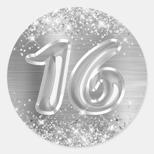 Sticker Rond Glitterie Silver Foil Numéro 16 Anniversaire (Devant)