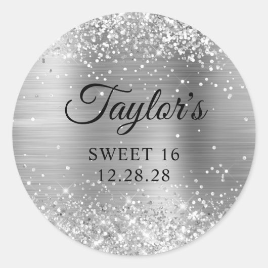 Sticker Rond Glitterie Silver Foil Sweet 16 (Devant)
