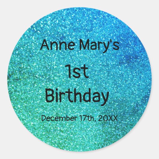 Sticker Rond Glitterie Turquoise Bleu Vert 1er anniversaire Béb (Devant)