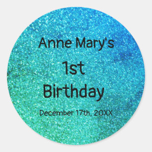 Sticker Rond Glitterie Turquoise Bleu Vert 1er anniversaire Béb
