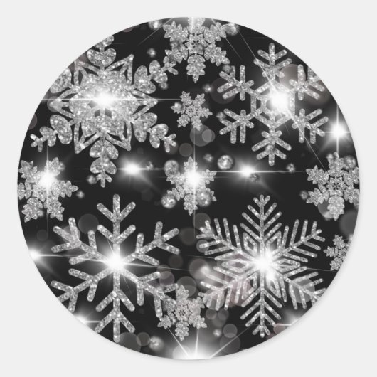 Sticker Rond Glittery argent fêter motif de flocon de neige (Devant)
