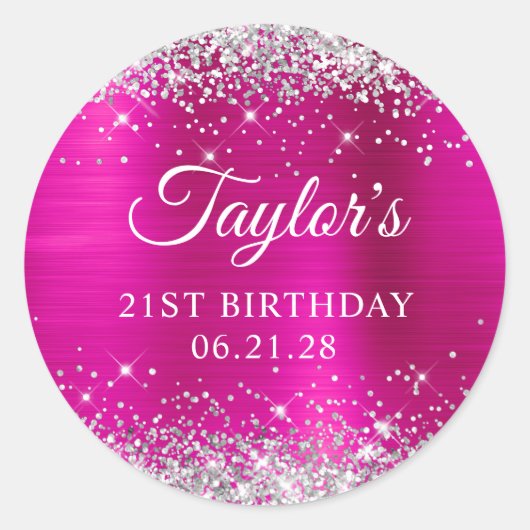 Sticker Rond Glittery Argent Hot Pink Foil 21e anniversaire (Devant)