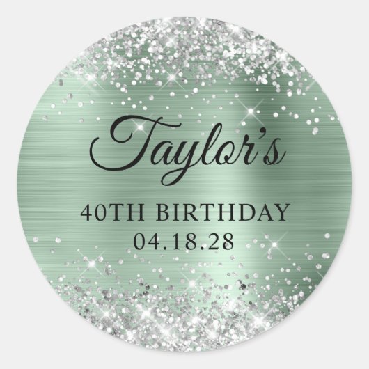 Sticker Rond Glittery Argent Pale Mint Poil 40e anniversaire (Devant)