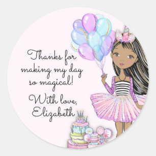 Sticker Rond Glittery Birthday African American Girl Unicorn