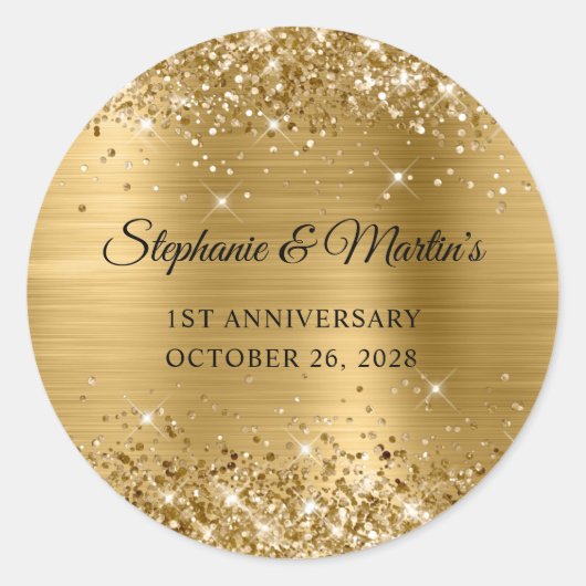 Sticker Rond Glittery Gold Foil 1er anniversaire Mariage (Devant)