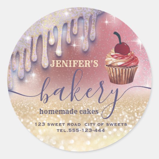 Sticker Rond Glittery gouttes cupcake chef script boulangerie (Devant)