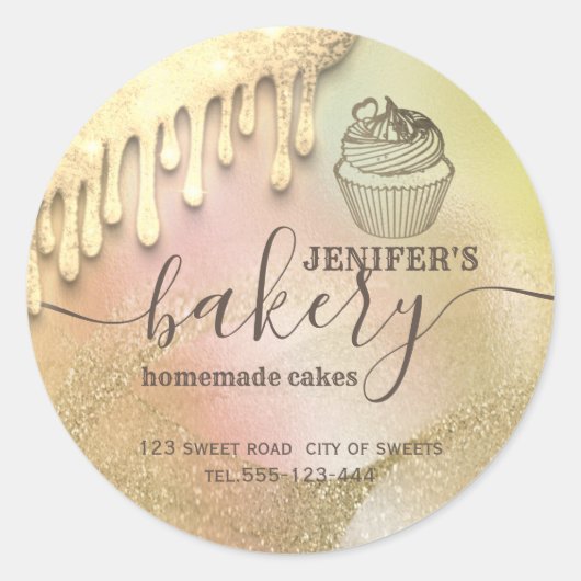 Sticker Rond Glittery gouttes cupcake chef script boulangerie (Devant)