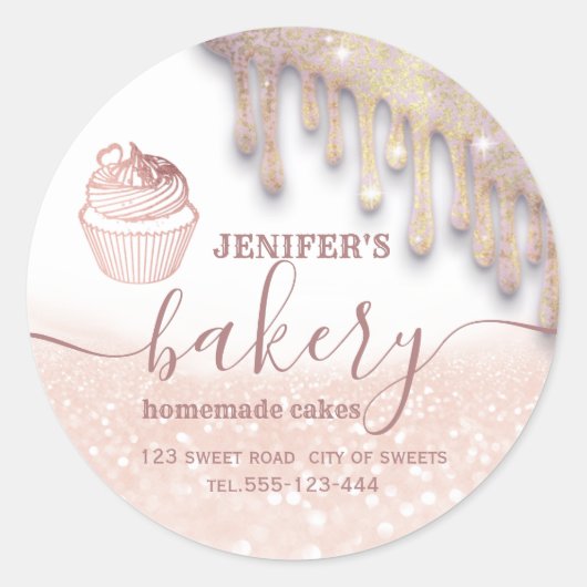 Sticker Rond Glittery gouttes cupcake chef script boulangerie c (Devant)
