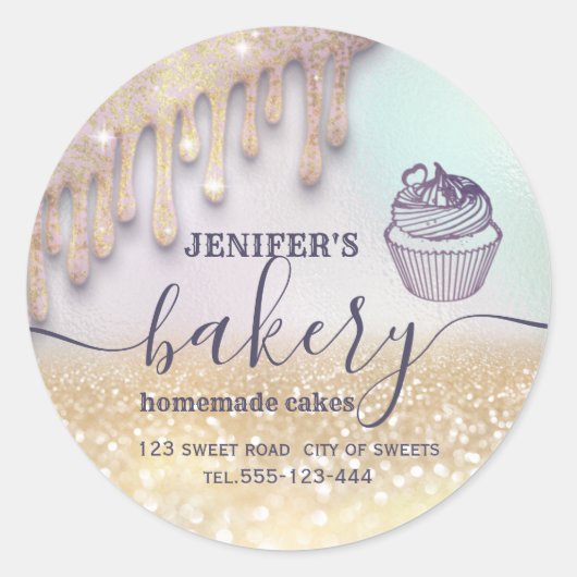 Sticker Rond Glittery gouttes cupcake chef script boulangerie c (Devant)