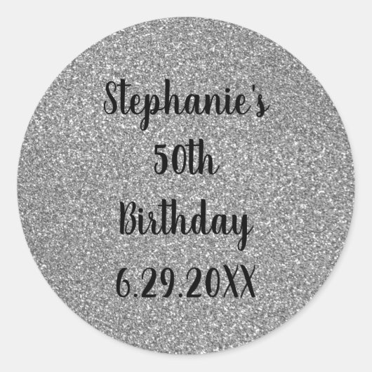 Sticker Rond Glittery Grey Silver Joyeux Anniversaire Nom Perso (Devant)