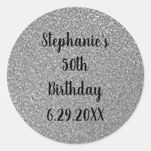Sticker Rond Glittery Grey Silver Joyeux Anniversaire Nom perso (Devant)