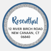 Sticker Rond Glittery Navy Blue & Silver Adresse de retour (Devant)