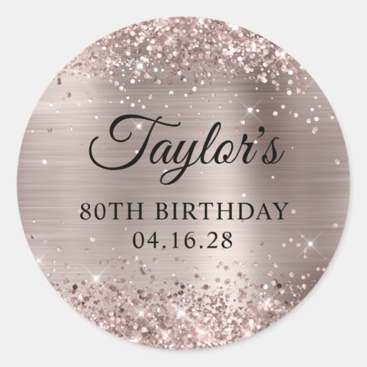 Sticker Rond Glittery Pink Champagne Foil 80th Birthday (Devant)