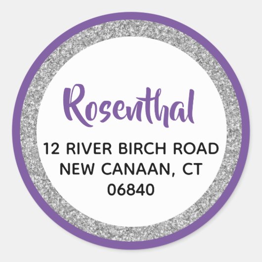 Sticker Rond Glittery Purple & Silver Adresse de retour (Devant)