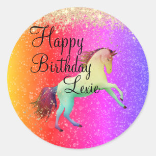 Sticker Rond Glittery Rainbow Unicorn