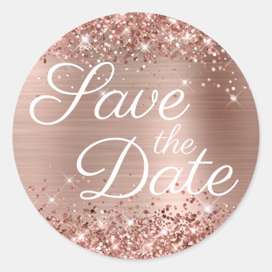 Sticker Rond Glittery Rose Gold Elegant Enregistrer la date (Devant)