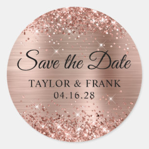 Sticker Rond Glittery Rose Gold Foil Wedding Enregistrer la dat