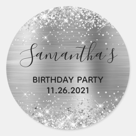 Sticker Rond Glittery Silver Foil fête d'anniversaire (Devant)
