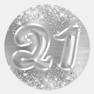 Sticker Rond Glittery Silver Foil Numéro 21 Anniversaire