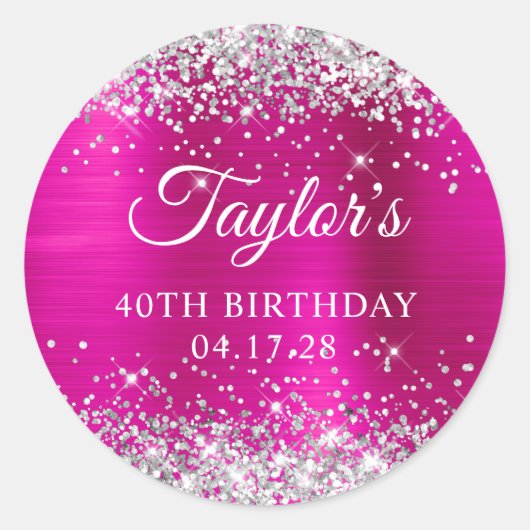 Sticker Rond Glittery Silver Hot Pink Foil 40e anniversaire (Devant)