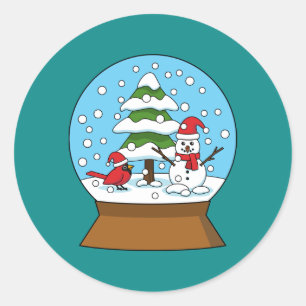 Sticker Rond Globe de neige avec le cardinal Snowman et Pine Tr