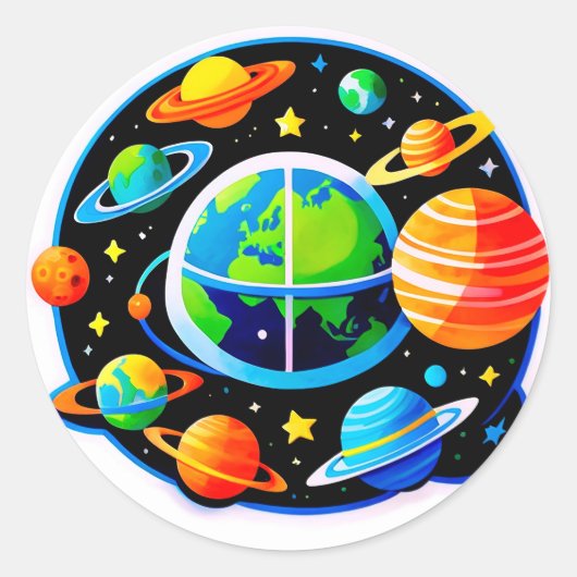 Sticker Rond Globe spatial vibrant avec planètes (Devant)