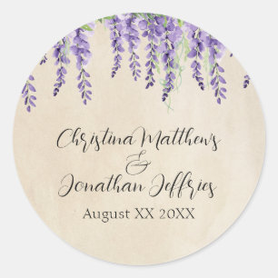 Sticker Rond Glycine Violet Romantique sur Parchemin Rustique