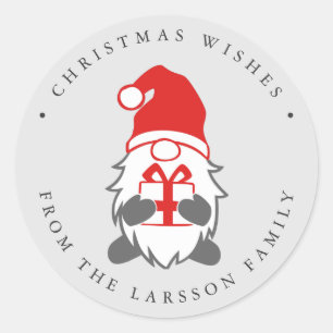 Sticker Rond Gnome amusant avec le présent et Santa hat Grey