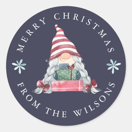 Sticker Rond Gnome avec cadeaux Joyeux Noël (Devant)